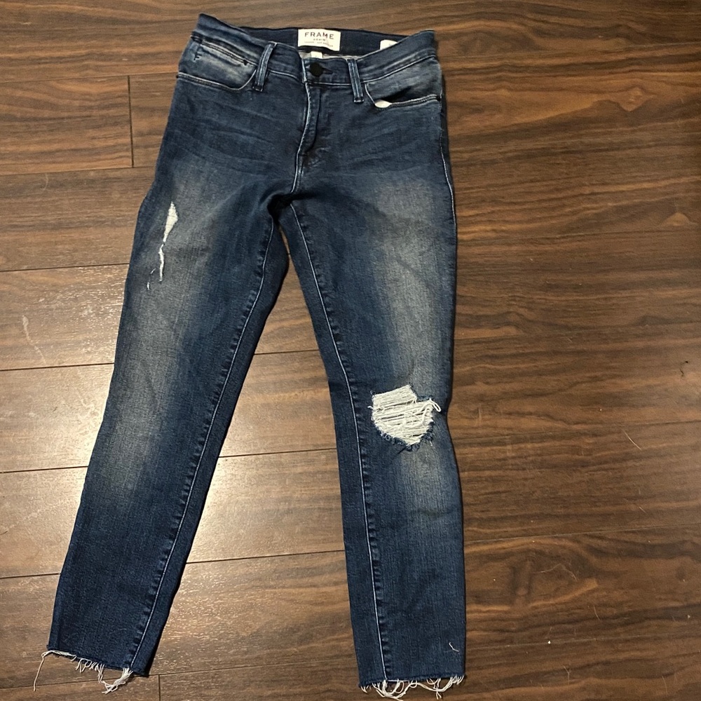 FRAME Denim Distressed Blue Skinny Jeans